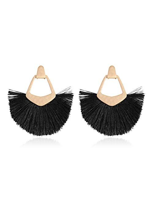 RIAH FASHION Bohemian Silky Thread Tassel Statement Drop Earrings - Geometric Strand Fringe Diamond Fan, Triangle Duster Dangles