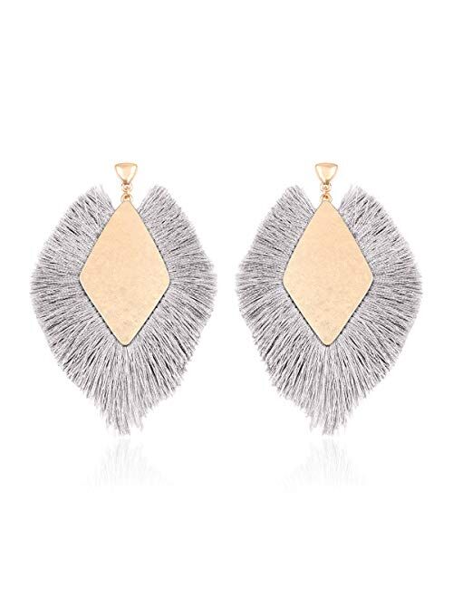 RIAH FASHION Bohemian Silky Thread Tassel Statement Drop Earrings - Geometric Strand Fringe Diamond Fan, Triangle Duster Dangles