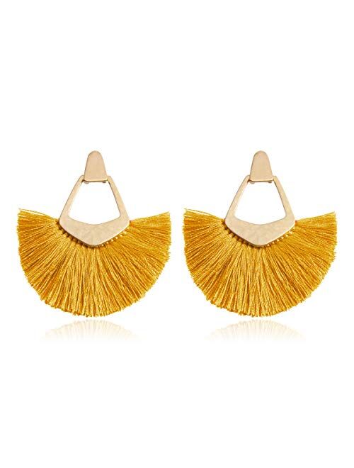 RIAH FASHION Bohemian Silky Thread Tassel Statement Drop Earrings - Geometric Strand Fringe Diamond Fan, Triangle Duster Dangles