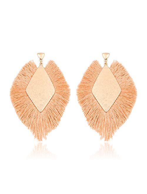 RIAH FASHION Bohemian Silky Thread Tassel Statement Drop Earrings - Geometric Strand Fringe Diamond Fan, Triangle Duster Dangles