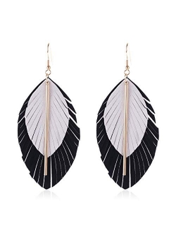 Bohemian Genuine Suede Real Leather Geometric Drop Earrings - Lightweight Hook Dangles Feather, Leaf, Multi Color Fringe, Triple Tassel