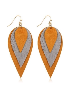 Bohemian Genuine Suede Real Leather Geometric Drop Earrings - Lightweight Hook Dangles Feather, Leaf, Multi Color Fringe, Triple Tassel