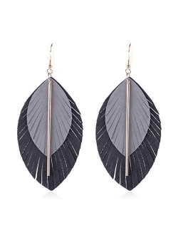 Bohemian Genuine Suede Real Leather Geometric Drop Earrings - Lightweight Hook Dangles Feather, Leaf, Multi Color Fringe, Triple Tassel