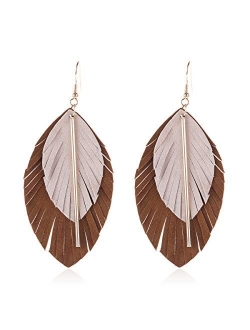 Bohemian Genuine Suede Real Leather Geometric Drop Earrings - Lightweight Hook Dangles Feather, Leaf, Multi Color Fringe, Triple Tassel