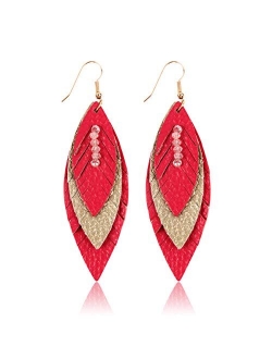 Bohemian Genuine Suede Real Leather Geometric Drop Earrings - Lightweight Hook Dangles Feather, Leaf, Multi Color Fringe, Triple Tassel