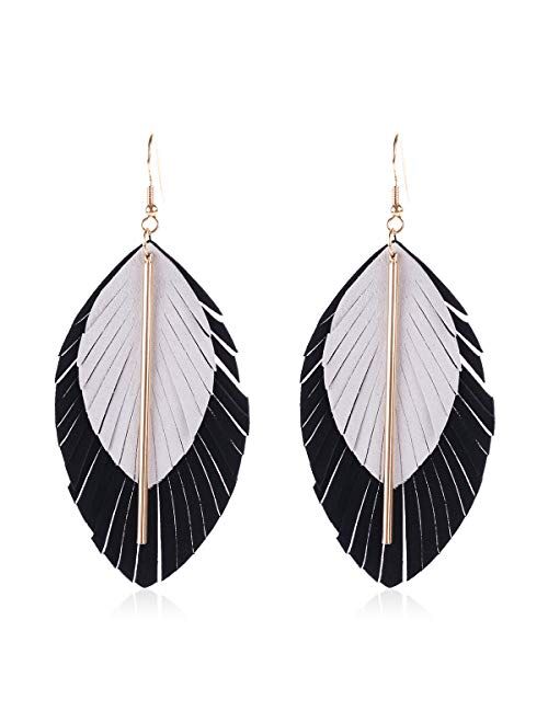 Riah Fashion Bohemian Genuine Suede Real Leather Geometric Drop Earrings - Lightweight Hook Dangles Feather, Leaf, Multi Color Fringe, Triple Tassel