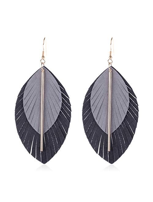 Riah Fashion Bohemian Genuine Suede Real Leather Geometric Drop Earrings - Lightweight Hook Dangles Feather, Leaf, Multi Color Fringe, Triple Tassel