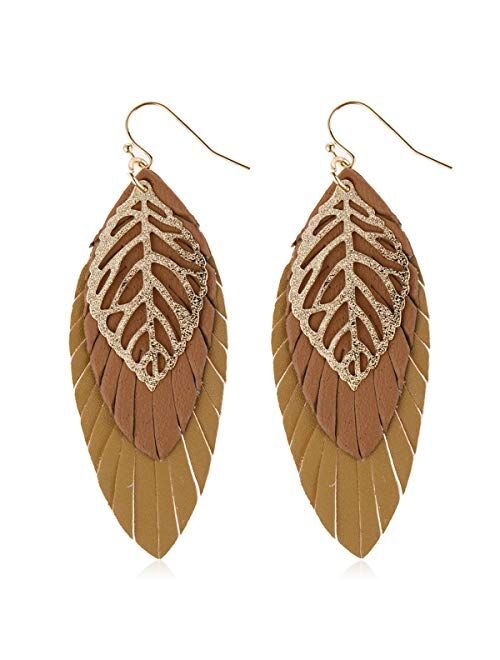 Riah Fashion Bohemian Genuine Suede Real Leather Geometric Drop Earrings - Lightweight Hook Dangles Feather, Leaf, Multi Color Fringe, Triple Tassel