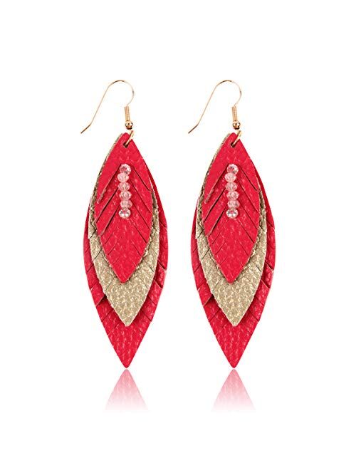 Riah Fashion Bohemian Genuine Suede Real Leather Geometric Drop Earrings - Lightweight Hook Dangles Feather, Leaf, Multi Color Fringe, Triple Tassel