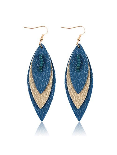 Riah Fashion Bohemian Genuine Suede Real Leather Geometric Drop Earrings - Lightweight Hook Dangles Feather, Leaf, Multi Color Fringe, Triple Tassel