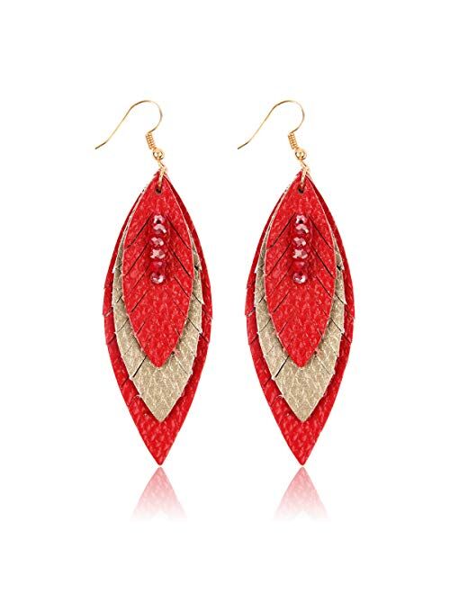 Riah Fashion Bohemian Genuine Suede Real Leather Geometric Drop Earrings - Lightweight Hook Dangles Feather, Leaf, Multi Color Fringe, Triple Tassel