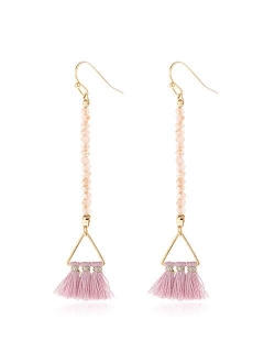 Bohemian Multi Tassel Statement Drop Earrings - Silky Thread Strand Fan Fringe Chandelier Geometric Acetate, Bead, Rhinestone, Snake Faux Leather Dangles