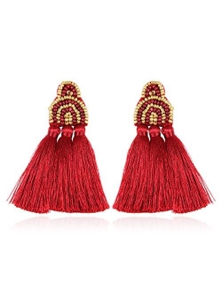 Bohemian Multi Tassel Statement Drop Earrings - Silky Thread Strand Fan Fringe Chandelier Geometric Acetate, Bead, Rhinestone, Snake Faux Leather Dangles