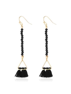 Bohemian Multi Tassel Statement Drop Earrings - Silky Thread Strand Fan Fringe Chandelier Geometric Acetate, Bead, Rhinestone, Snake Faux Leather Dangles