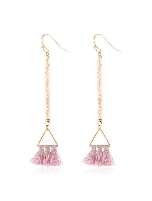 Riah Fashion Bohemian Multi Tassel Statement Drop Earrings - Silky Thread Strand Fan Fringe Chandelier Geometric Acetate, Bead, Rhinestone, Snake Faux Leather Dangles