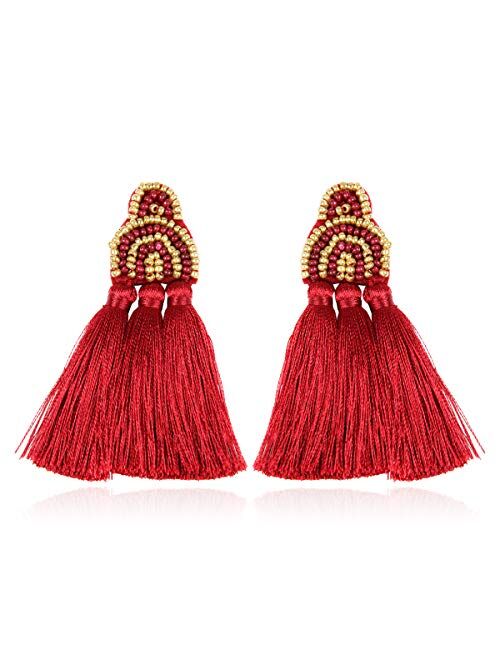 Riah Fashion Bohemian Multi Tassel Statement Drop Earrings - Silky Thread Strand Fan Fringe Chandelier Geometric Acetate, Bead, Rhinestone, Snake Faux Leather Dangles