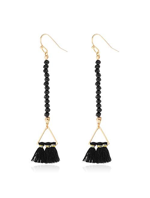 Riah Fashion Bohemian Multi Tassel Statement Drop Earrings - Silky Thread Strand Fan Fringe Chandelier Geometric Acetate, Bead, Rhinestone, Snake Faux Leather Dangles