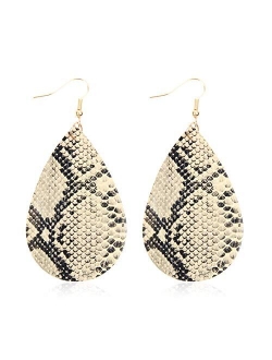 Bohemian Lightweight Faux Exotic Leather Geometric Drop Earrings - Hook Dangles Snake Skin Print Marquise Leaf, Python, Croc Embossed Leatherette Teardrop