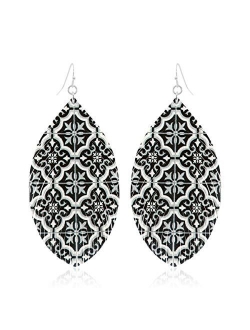 Bohemian Lightweight Faux Exotic Leather Geometric Drop Earrings - Hook Dangles Snake Skin Print Marquise Leaf, Python, Croc Embossed Leatherette Teardrop