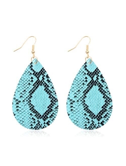 Bohemian Lightweight Faux Exotic Leather Geometric Drop Earrings - Hook Dangles Snake Skin Print Marquise Leaf, Python, Croc Embossed Leatherette Teardrop