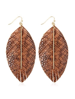 Bohemian Lightweight Faux Exotic Leather Geometric Drop Earrings - Hook Dangles Snake Skin Print Marquise Leaf, Python, Croc Embossed Leatherette Teardrop