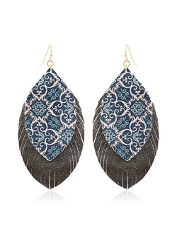 Bohemian Lightweight Faux Exotic Leather Geometric Drop Earrings - Hook Dangles Snake Skin Print Marquise Leaf, Python, Croc Embossed Leatherette Teardrop