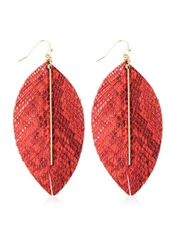 Bohemian Lightweight Faux Exotic Leather Geometric Drop Earrings - Hook Dangles Snake Skin Print Marquise Leaf, Python, Croc Embossed Leatherette Teardrop