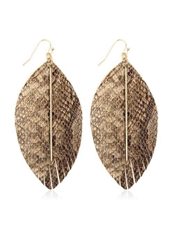 Bohemian Lightweight Faux Exotic Leather Geometric Drop Earrings - Hook Dangles Snake Skin Print Marquise Leaf, Python, Croc Embossed Leatherette Teardrop