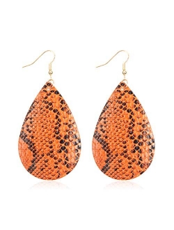 Bohemian Lightweight Faux Exotic Leather Geometric Drop Earrings - Hook Dangles Snake Skin Print Marquise Leaf, Python, Croc Embossed Leatherette Teardrop