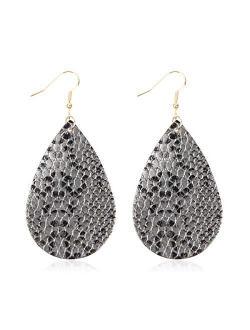 Bohemian Lightweight Faux Exotic Leather Geometric Drop Earrings - Hook Dangles Snake Skin Print Marquise Leaf, Python, Croc Embossed Leatherette Teardrop