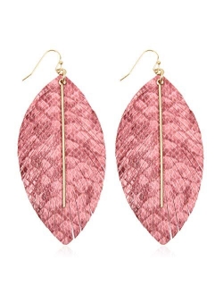 Bohemian Lightweight Faux Exotic Leather Geometric Drop Earrings - Hook Dangles Snake Skin Print Marquise Leaf, Python, Croc Embossed Leatherette Teardrop