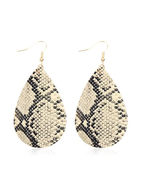 Riah Fashion Bohemian Lightweight Faux Exotic Leather Geometric Drop Earrings - Hook Dangles Snake Skin Print Marquise Leaf, Python, Croc Embossed Leatherette Teardrop