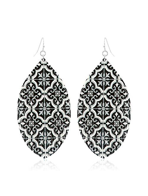 Riah Fashion Bohemian Lightweight Faux Exotic Leather Geometric Drop Earrings - Hook Dangles Snake Skin Print Marquise Leaf, Python, Croc Embossed Leatherette Teardrop