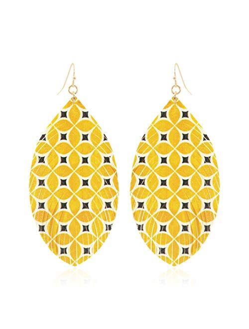 Riah Fashion Bohemian Lightweight Faux Exotic Leather Geometric Drop Earrings - Hook Dangles Snake Skin Print Marquise Leaf, Python, Croc Embossed Leatherette Teardrop