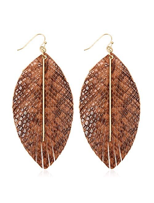 Riah Fashion Bohemian Lightweight Faux Exotic Leather Geometric Drop Earrings - Hook Dangles Snake Skin Print Marquise Leaf, Python, Croc Embossed Leatherette Teardrop