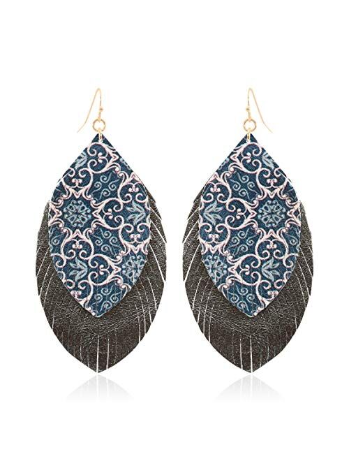 Riah Fashion Bohemian Lightweight Faux Exotic Leather Geometric Drop Earrings - Hook Dangles Snake Skin Print Marquise Leaf, Python, Croc Embossed Leatherette Teardrop