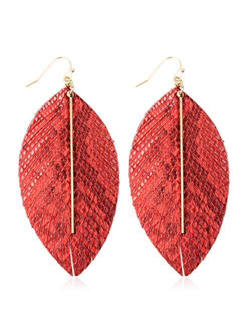 Riah Fashion Bohemian Lightweight Faux Exotic Leather Geometric Drop Earrings - Hook Dangles Snake Skin Print Marquise Leaf, Python, Croc Embossed Leatherette Teardrop