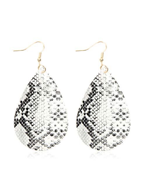 Riah Fashion Bohemian Lightweight Faux Exotic Leather Geometric Drop Earrings - Hook Dangles Snake Skin Print Marquise Leaf, Python, Croc Embossed Leatherette Teardrop