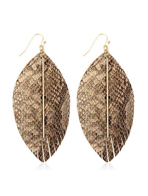 Riah Fashion Bohemian Lightweight Faux Exotic Leather Geometric Drop Earrings - Hook Dangles Snake Skin Print Marquise Leaf, Python, Croc Embossed Leatherette Teardrop