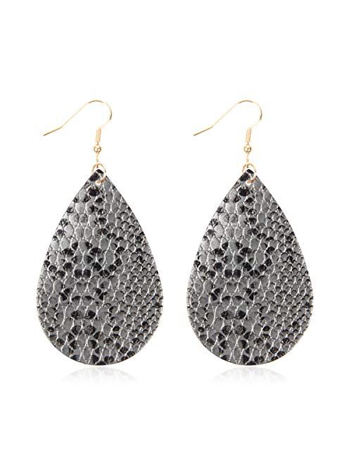 Riah Fashion Bohemian Lightweight Faux Exotic Leather Geometric Drop Earrings - Hook Dangles Snake Skin Print Marquise Leaf, Python, Croc Embossed Leatherette Teardrop