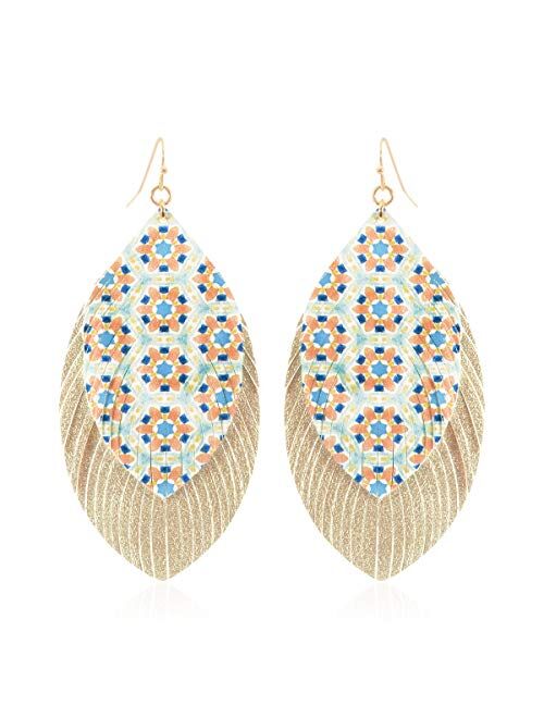 Riah Fashion Bohemian Lightweight Faux Exotic Leather Geometric Drop Earrings - Hook Dangles Snake Skin Print Marquise Leaf, Python, Croc Embossed Leatherette Teardrop