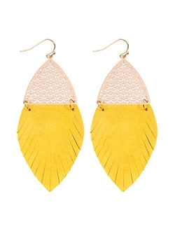 Bohemian Genuine Leather Fringe Geometric Statement Earrings - Lightweight Boho Fan Tassel Hoop, Feather Leaf, Acetate Half Moon Dangles