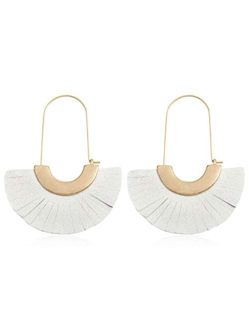 Riah Fashion Bohemian Genuine Leather Fringe Geometric Statement Earrings - Lightweight Boho Fan Tassel Hoop, Feather Leaf, Acetate Half Moon Dangles