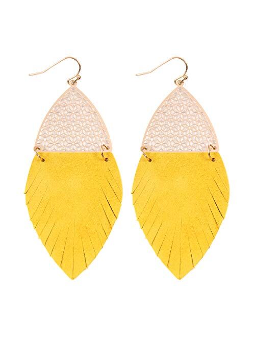 Riah Fashion Bohemian Genuine Leather Fringe Geometric Statement Earrings - Lightweight Boho Fan Tassel Hoop, Feather Leaf, Acetate Half Moon Dangles