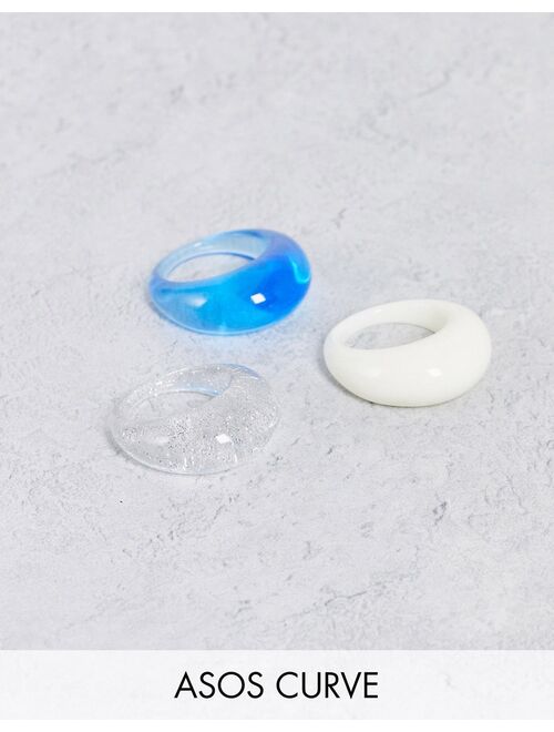 Asos Design Curve pack of 3 domed rings in blue cream and glitter