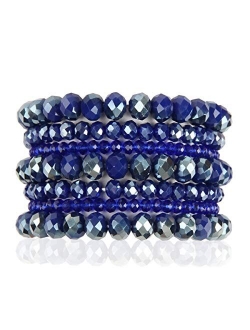 Bohemian Multi-Layer Beaded Stacking Statement Bracelets - Versatile Stretch Strand Sparkly Crystal Beads Wrap Slip-on Cuff Bangle Set