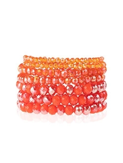 Bohemian Multi-Layer Beaded Stacking Statement Bracelets - Versatile Stretch Strand Sparkly Crystal Beads Wrap Slip-on Cuff Bangle Set