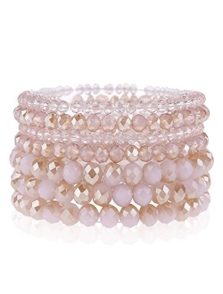 Bohemian Multi-Layer Beaded Stacking Statement Bracelets - Versatile Stretch Strand Sparkly Crystal Beads Wrap Slip-on Cuff Bangle Set