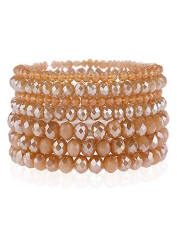 Bohemian Multi-Layer Beaded Stacking Statement Bracelets - Versatile Stretch Strand Sparkly Crystal Beads Wrap Slip-on Cuff Bangle Set