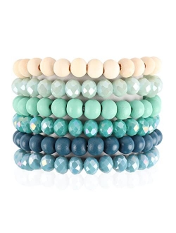 Bohemian Multi-Layer Beaded Stacking Statement Bracelets - Versatile Stretch Strand Sparkly Crystal Beads Wrap Slip-on Cuff Bangle Set